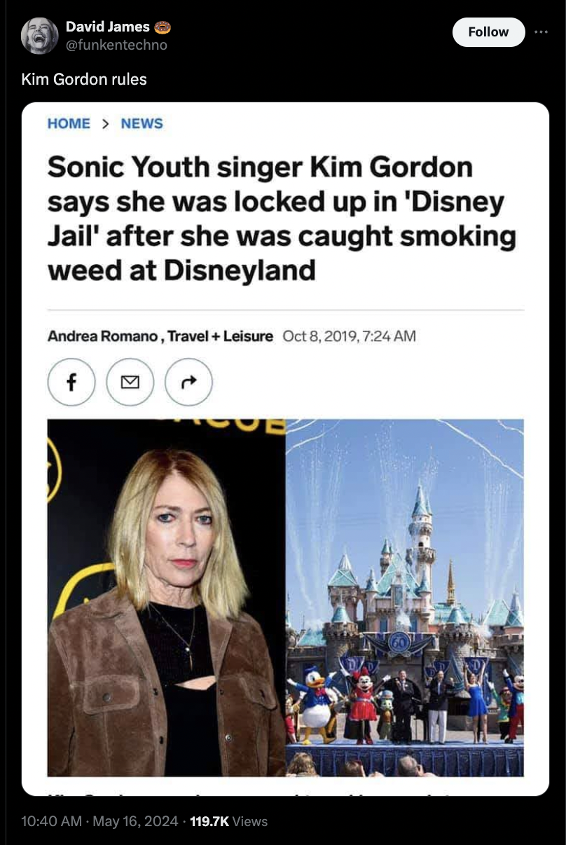 screenshot - David James Kim Gordon rules Home > News Sonic Youth singer Kim Gordon says she was locked up in 'Disney Jail' after she was caught smoking weed at Disneyland Andrea Romano, Travel Leisure , f Views